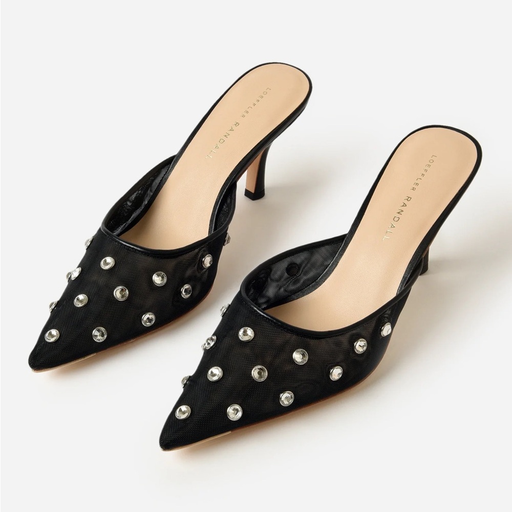 NEW NIB Loeffler Randall Paloma Mesh Mule Heels Black & Crystal